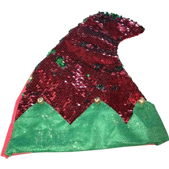 Sequin Santa Elf Hat Reversible Sequins Red Green Jingle Bells Christmas Adult - Picture 1 of 4